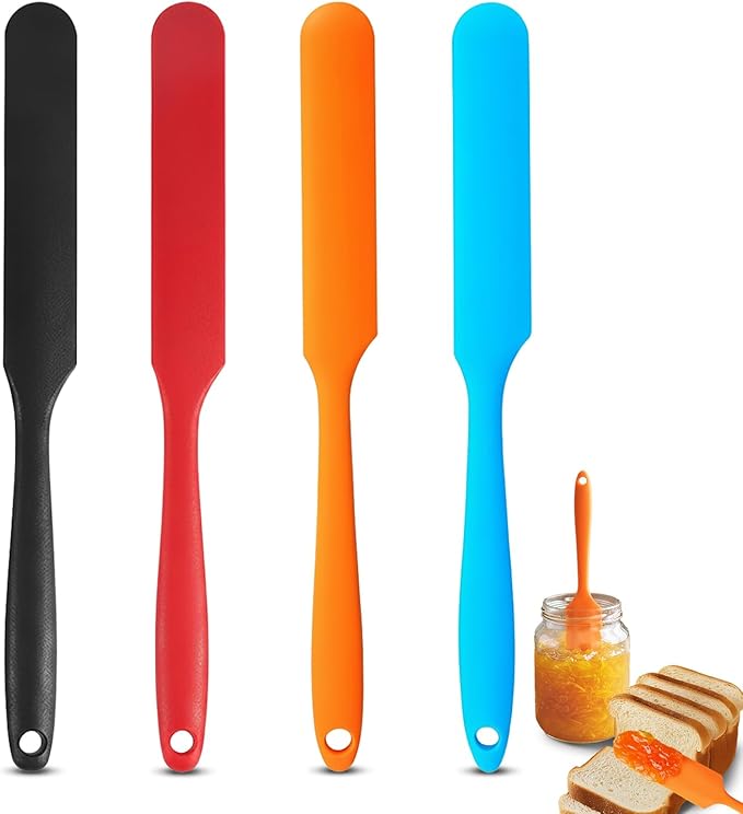 4 Pcs Silicone Jar Spatula Set, Long Handle Heat Resistant Skinny Spatulas for Jars & Bottles, Non-Stick Flexible Scrapers for Baking, Mixing, Jam, Cake Cream & Butter Spreading(4 colors）
