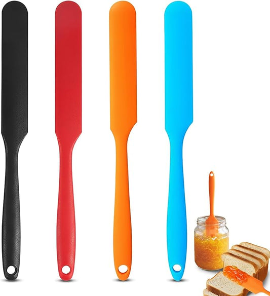 4 Pcs Silicone Jar Spatula Set, Long Handle Heat Resistant Skinny Spatulas for Jars & Bottles, Non-Stick Flexible Scrapers for Baking, Mixing, Jam, Cake Cream & Butter Spreading(4 colors）