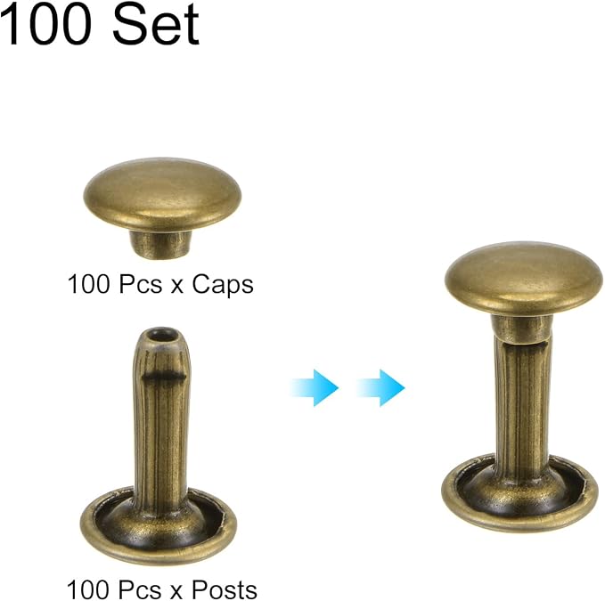 HARFINGTON 100 Sets Double Cap Leather Rivets, 9x12mm Round Cap Tubular Metal Studs Leather Crafting Rivets for Fabric Belt Pet Collar Boot Bag Repair and Decoration, Bronze