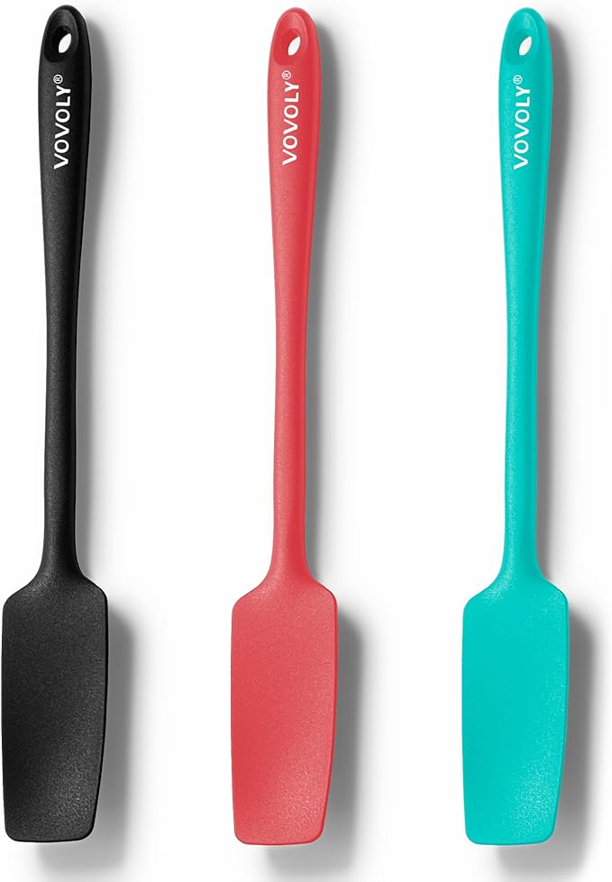 VOVOLY Silicone Jar Spatulas, Long Handle Jar Spatulas, 600ºF Heat Resistant Small Spatula, Seamless Design, Stainless Steel Core, BPA Free Spoonula (3, Mixed)