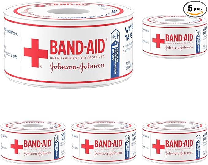 Band-Aid Waterproof Tape Roll, 1 in by 10 yd | Self-Adhesive | Pack of 5 | Secures Bandages | Water Block