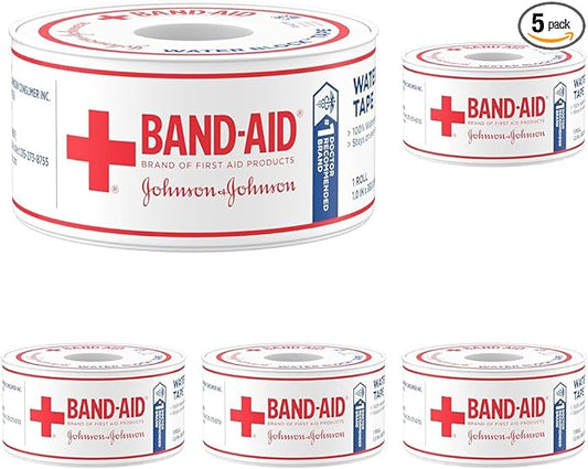 Band-Aid Waterproof Tape Roll, 1 in by 10 yd | Self-Adhesive | Pack of 5 | Secures Bandages | Water Block