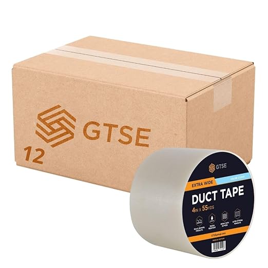 GTSE Wide Duct Tape, Clear, 4 Inches x 55 Yards (164 ft), Heavy Duty, Waterproof Repair Tape for Indoor or Outdoor Use, 12 Rolls