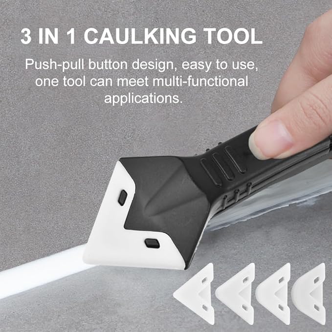 Silicone Caulking Tool, 3 in 1 Caulking Remover Glazing Compound Finishing Tool with 5 Replacement Silicone Scraper Pads, Grout Scraper Kit for Bathroom Kitchen Floor Window Sink Joint
