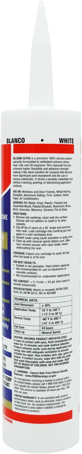 Red Devil 0780 Silicone Ultra 100% RTV Silicone Sealant, 10.1 oz., White, 1 Pack