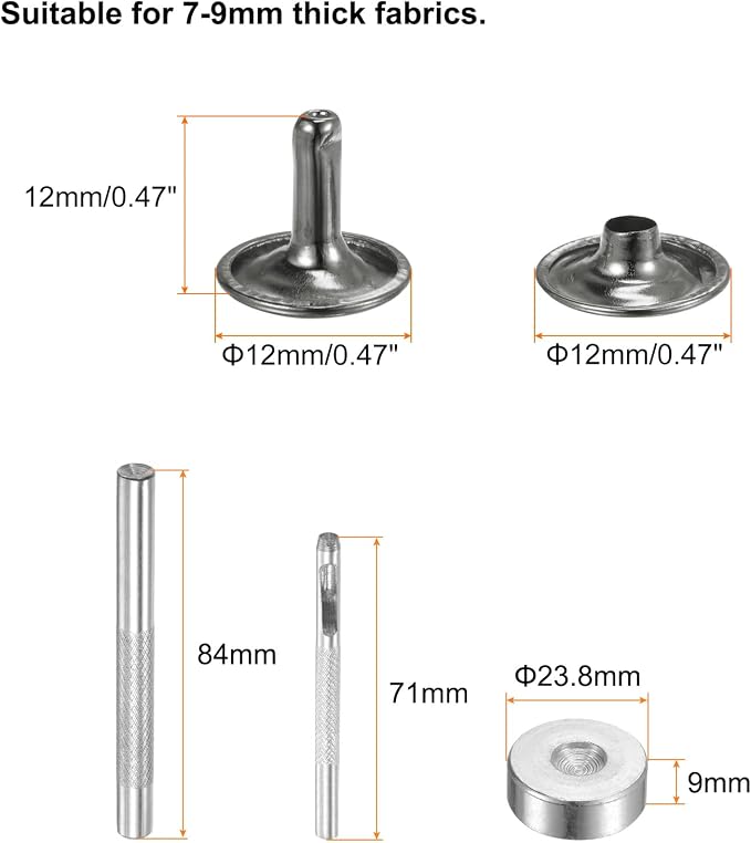 HARFINGTON 100 Sets Leather Rivets 12 x 12mm Metal Double Cap Rivet Snaps Studs Fasteners with 3pcs Setting Tools Rivets for Leather Craft DIY Repair Decoration, Gunmetal