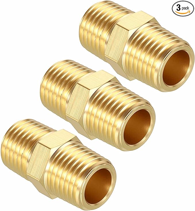 Pack of 3, 1/4" MNPT To 1/4" MNPT Solid Brass Hex Nipple Hose Connectors, Male Pipe Adapter for Pipe Leak Repair, Bathroom Remodeling, Tool Extension, Compression