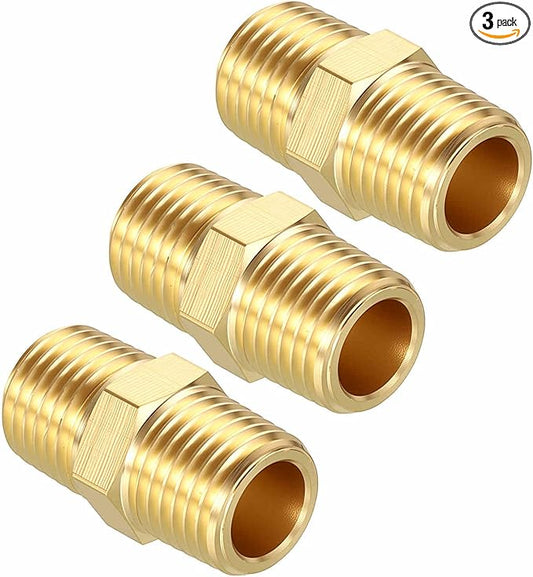 Pack of 3, 1/4" MNPT To 1/4" MNPT Solid Brass Hex Nipple Hose Connectors, Male Pipe Adapter for Pipe Leak Repair, Bathroom Remodeling, Tool Extension, Compression