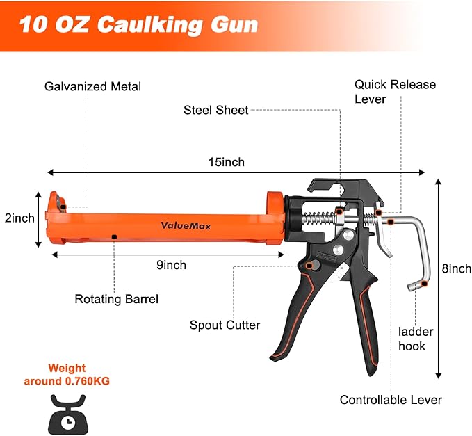 ValueMax Caulk Gun, 9 Inch Silicone Sealant Caulking Gun for Caulking/Filling/Sealing, Trigger Comfort Grip and Iron Smooth Rod, Ideal for Tiles, Window Joints, 8:1 Thrust Ratio