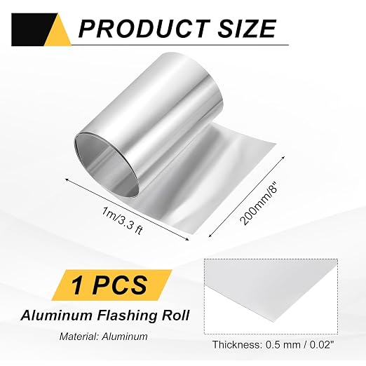 uxcell Aluminum Flashing Roll, 8in x 3.3ft Metal Roof Panels 0.5mm Waterproof Aluminum Sheet Roll for House Repair, Roof Flashing, Sealing Windows Doors, DIY Projects