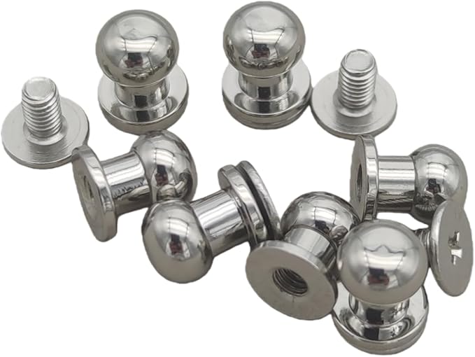 Denailey 12 Sets Solid Brass Round Head Button Stud Screw Leather Rivet Chicago Screws Button Rivets for Leather Craft Belt Wallet Handbag Repairs Decoration (Round Head Size 6mm, Shiny Silver)