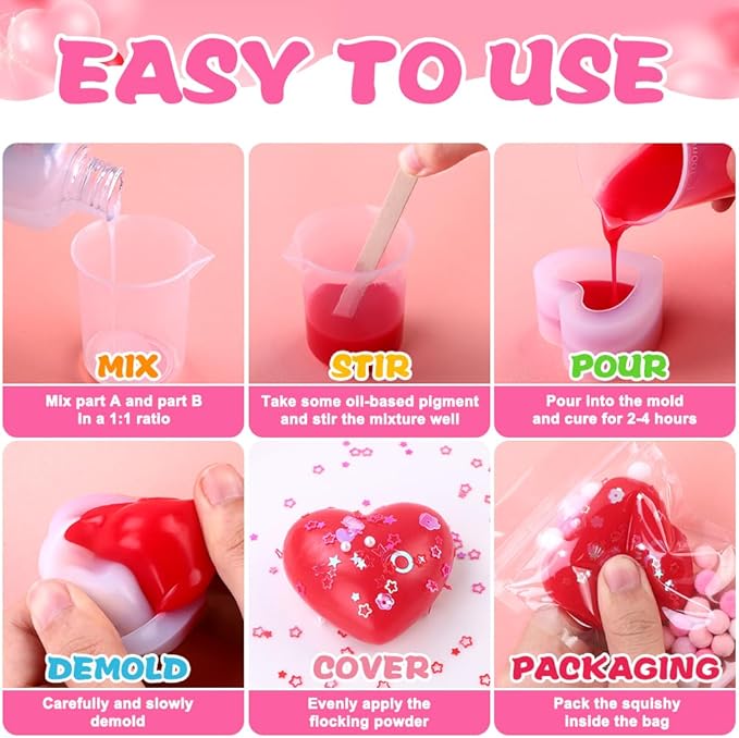 JOICEE Valentines Day Taba Squishy Kit, DIY Valentine Crafts Kit 18OZ 1:1 AB Liquid Silicone with 3D Mold for Make Your Own FuFu Squishies Kits Valentines Day Party Favors Stress Relief Toys Gifts