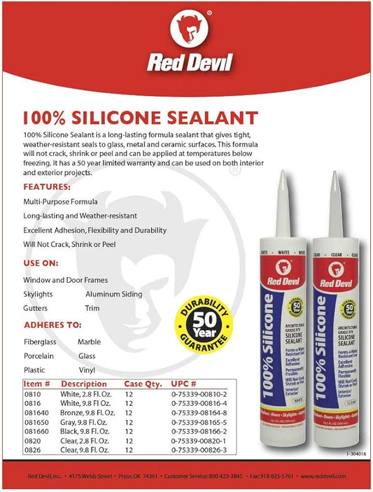 Red Devil 0810 100% Silicone Sealant Architectural Grade, 2.8 oz. Tube, White, 1 Pack