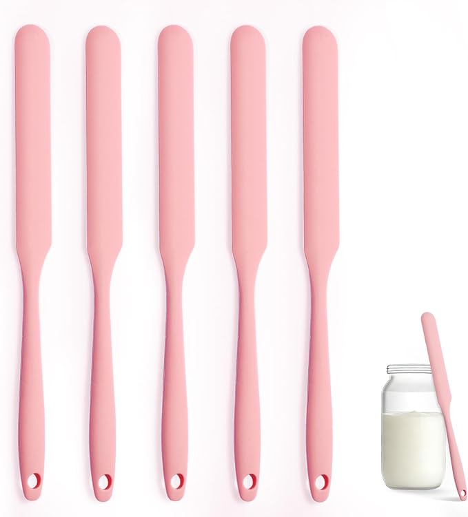 Silicone Jar Spatula Set of 5, Long Handle Skinny Spatula and Spurtle for Sourdough Starter, Flexible Jar Scraper for Peanut Butter, Jam, Icing, Cream with No Batter Left Behind (5)