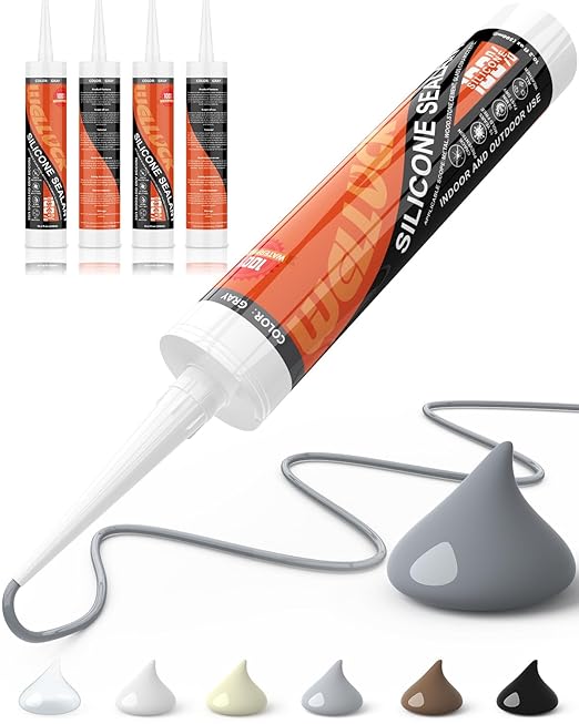 WELLUCK Gray Silicone Caulk, 100% Waterproof Silicone Sealant Adhesive Caulking,for RV, Kitchen,Bathroom, Window, Door, Glass,10.2FL.OZ/300ML（4 Pack）