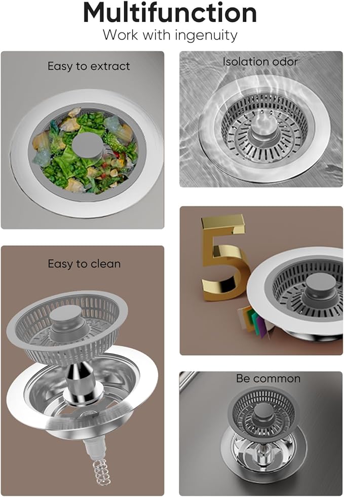2 Pcs Kitchen Sink Drain Strainer and Stopper Combo, 3 in 1 Stainless Steel Pop-Up Sink Stopper & Drain Strainer for Standard Drains, Ideal Sink Protectors for Kitchen Sink