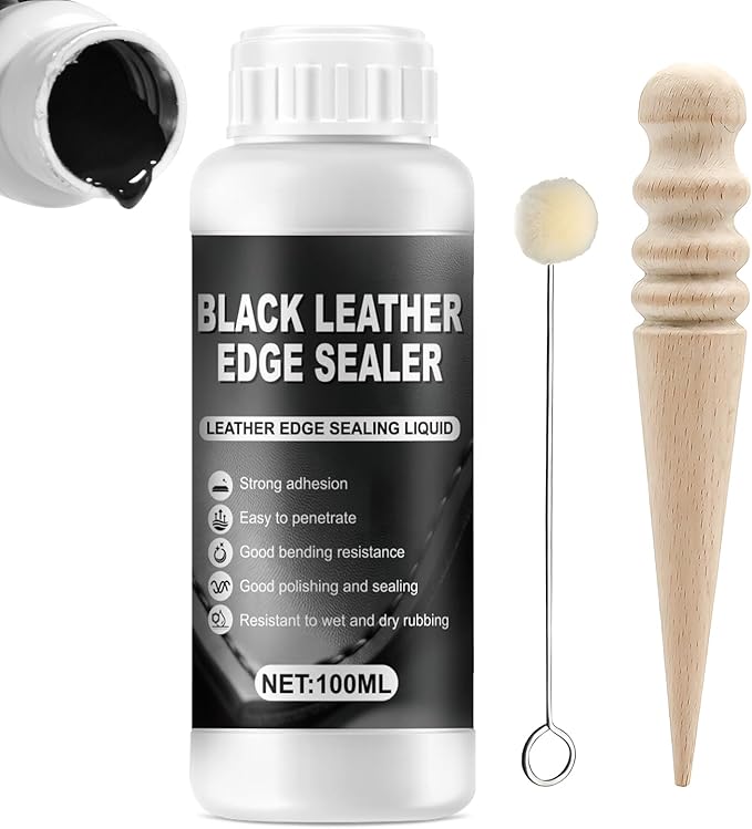 Leather Edge Sealer, Leather Burnishing Gum, Anti Fraying Black Leather Edge Paint with Burnisher & Wool Ball Brush, Get Smooth and Glossy Edge Finish for Wallets Bags Shoes Leather Products, 100ml