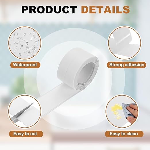 uxcell Caulk Tape Waterproof, 0.83 Inch x 3.28 ft Self-Adhesive Sealant Sealing Strip Caulking Sealant Tape PVC with Tool for Kitchen Sink Toilet Bathroom Bathtub Floor, White