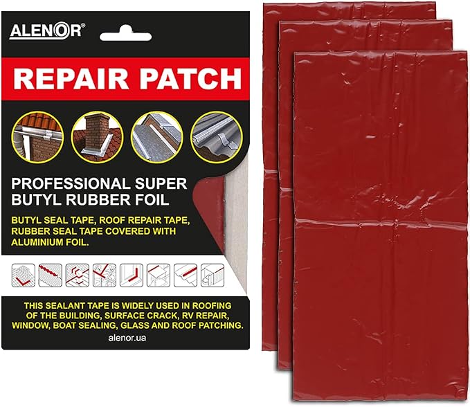 Alenor Red Butyl All Weather Repair Patch 4"x6" Waterproof Sealing Patch Roof Leak Indoor Outdoor PVC Pipe Repair HVAC Vent Air Conditioner Window Seal Unit Rain Gutters Flashing Auto Boats