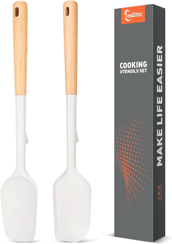 Large Silicone Spatula Scrapers with Long Wood Handle,Heat Resistant,Durable, Essential Baking Tools for Mixing, Folding, Scraping,Spreading for Nonstick Cookwares,Pack of 2 (White)
