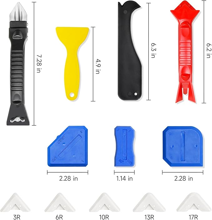 Stainless Silicone Caulking Tools Kit,Set of 13pcs Sealant Finishing Tool Grout Scraper,Putty Knives,5 Silicone Pads,Sink Joint Caulk Remover with 3pcs Glass Glue Angle Scraper