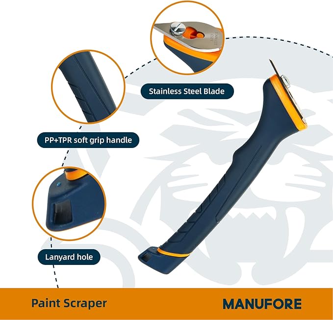 MANUFORE Soft Grip Contour Paint Scraper, 6pcs Different Stainless Steel Blades for Removing Paint, Varnish, Putty Caulk or Rust for Scraping Various Rounded and Contoured Wood Surfaces Orange