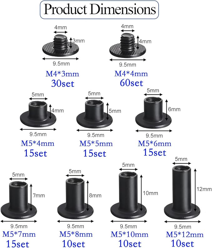 Matte Black Chicago Screws Leather Kit, 7 Sizes, 90 Sets | M5 X 4, 5, 6, 7, 8, 10, 12, Screw Rivets, For Crafts, Clothing, Shoes, Belts, Bags