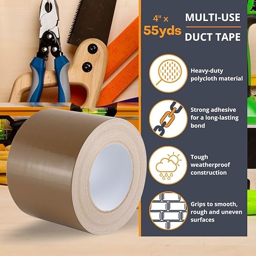 GTSE Wide Duct Tape, Brown, 4 Inches x 55 Yards (164 ft), Heavy Duty, Waterproof Repair Tape for Indoor or Outdoor Use, 12 Rolls