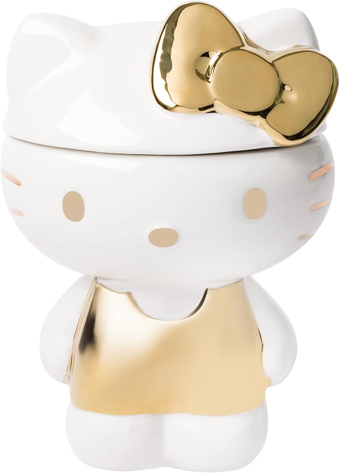 Silver Buffalo Sanrio Hello Kitty Gold Sculpted Ceramic Cookie Jar, 7” x 5.75” x 9.75”