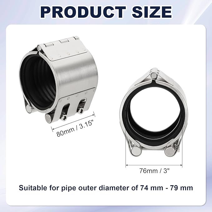 HARFINGTON Pipe Repair Clamp 3" OD 74mm-79mm 304 Stainless Steel Leak Sealer Emergency Pipe Repair for Plastic Metal Tubing Water Gas Oil Lines, Silver