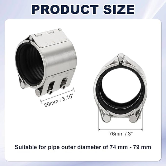 HARFINGTON Pipe Repair Clamp 3" OD 74mm-79mm 304 Stainless Steel Leak Sealer Emergency Pipe Repair for Plastic Metal Tubing Water Gas Oil Lines, Silver