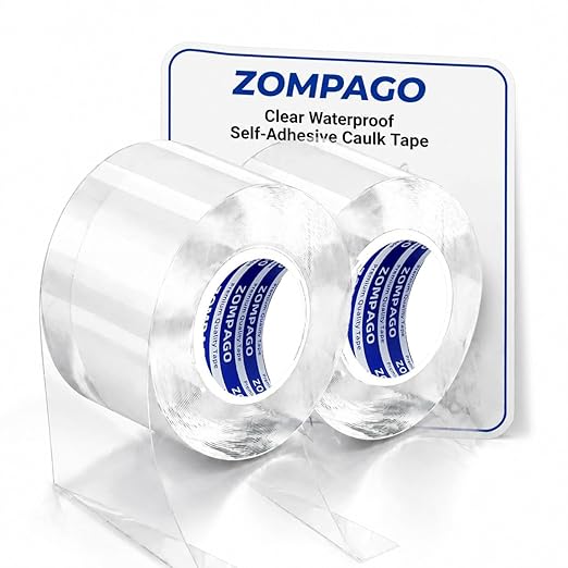 ZOMPAGO Caulk Tape 2Roll,2in x 9.84FT Clear Waterproof Self Adhesive Caulking Tape Peel and Stick Caulk Strip for Bathroom Bathtub Toilet Kitchen Vanity Stain Resistant