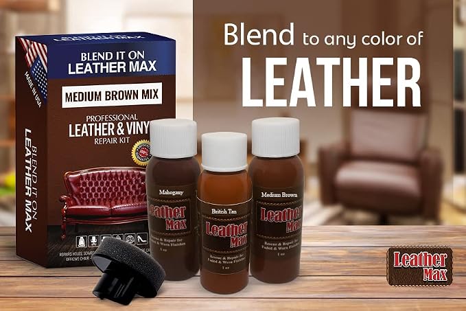 Leather Max Quick Blend Refinish and Repair Kit, Restore Couches, Recolor Furniture & Repair Car Seats, Jackets, Sofa, Boots / 3 Color Shades to Blend with Leather, Vinyl and Bonded (Brown Mix)