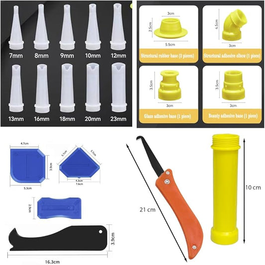 Sausage Caulking Tips 7-23mm Cone Trowel Nozzles Nozzle For Sausage And Bulk Guns ，V-neck，Glue nozzle + scraper + hook knife tool set,Non-stick, no-clean adhesive nozzle