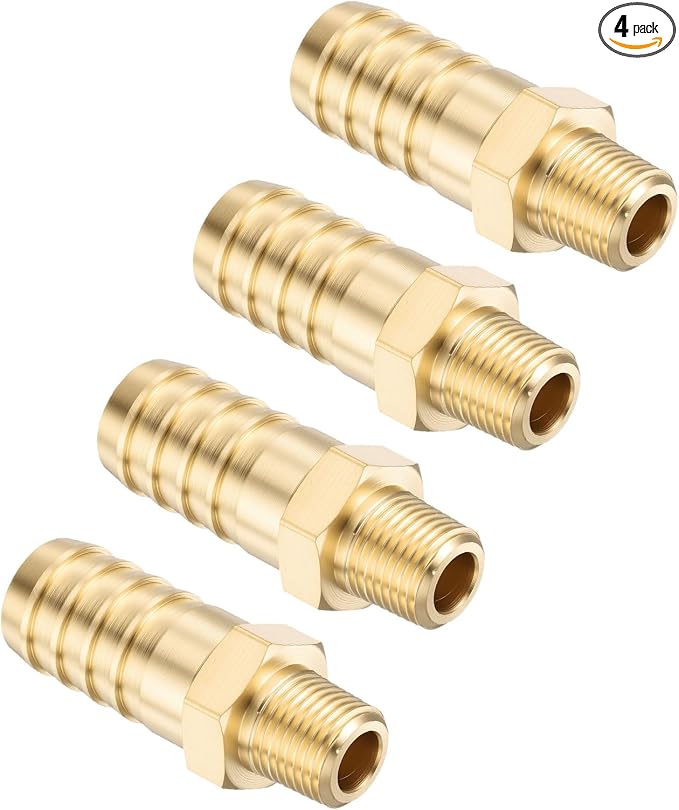 Pack of 4 Brass Hose Barb Fittings Adapter Connector 1/2" Hose Barb to 1/8" NPT Male Fittings for Home Machines, Massage Bathtubs, and Irrigation Systems