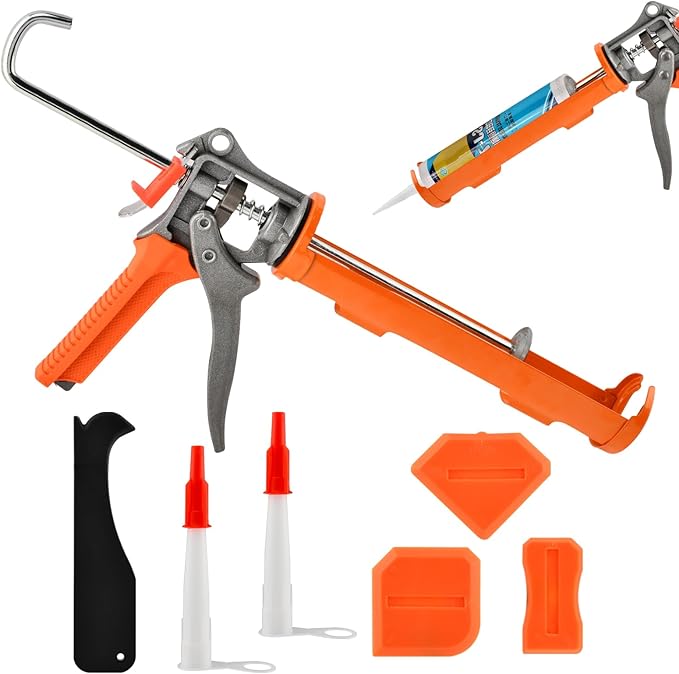 Caulk Gun and Caulk Scraper Kit, Caulking Gun with Caul-k Remover Tool, Sealant Finishing Tool Grout Scraper for Caulking/Filling/Sealing(COLOR:Orange)