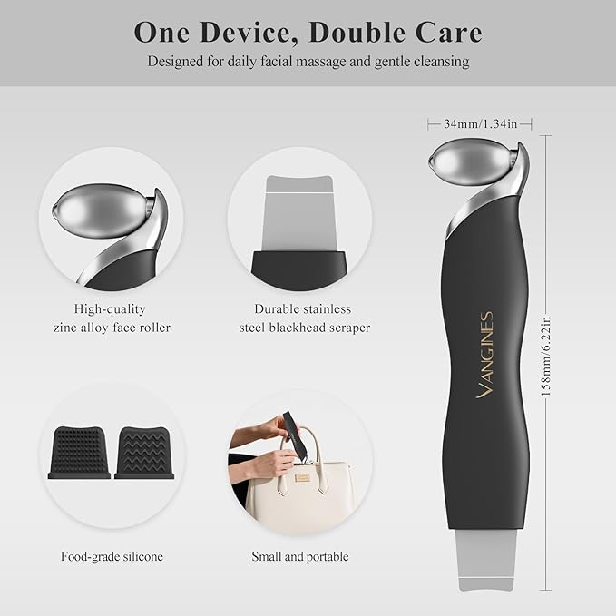 Blackhead Remover Tool with Ice Roller, Stainless Steel Face Scraper, Skin Scrubber Face Spatula for Deep Cleansing, 3-in-1 Skin Care Tool with 2 Silicone Brush Heads (Charcoal Black)