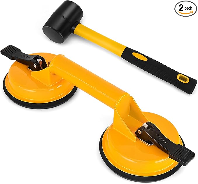 LIYYOO Floor Gap Fixer, Tile Suction Cup Tool,Heavy Duty Suction Cups,Double Suction Cup Wiht Mallet For Lift Large Glass/Tile Lifter/Moving Glass/Pad for Lifting/Dent Puller (1+1 Pack) (Yellow)