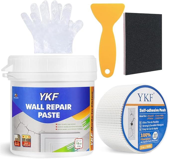 YKF Drywall Repair Kit (18 oz) - Spackle Paste with Scraper & 2X Self-Adhesive Patches (4") - Quick Dry, Waterproof Mending Agent for Large Holes, Plaster (White)