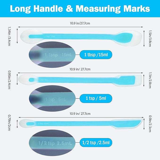 Long Handle Jar Scraper & Dual-Ended Silicone Spatula Spoon Set of 3 – Peanut Butter Spatula with Measuring Scale (1 Tbsp, 1 Tsp, 1/2 Tsp) for Deep Jars, Jam, Mayo, Blender Cups (blue)