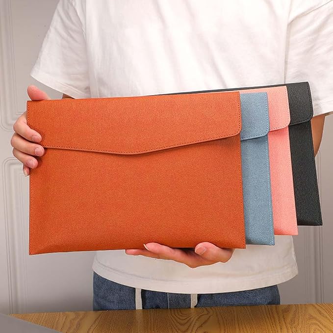 A4 PU Leather File Holder Document Folder Pink Thin Waterproof Portfolio Filing Envelope Oragnizer Pocket Storage Case with Snap Closure for Receipt Contract Stationery Tablet
