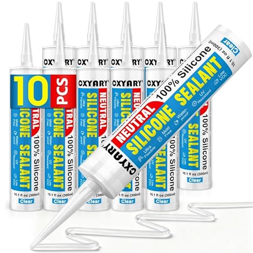 Silicone Caulk & Sealant Clear, 10 Pack - 100% Waterproof Silicone Sealant, Silicone Caulking for Kitchen and Bathroom, Toilet, Sink, Window ＆ Door Use, Shrink & Crack Proof (10.1 FL.OZ/300ml)