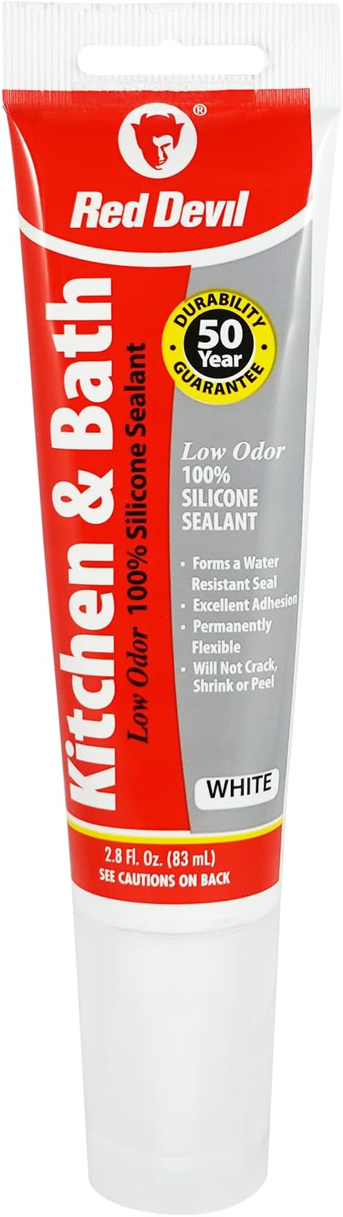 Red Devil 0883 Kitchen & Bath Low Odor Silicone Sealant, 2.8 Oz Squeeze Tube, White, Pack of 1