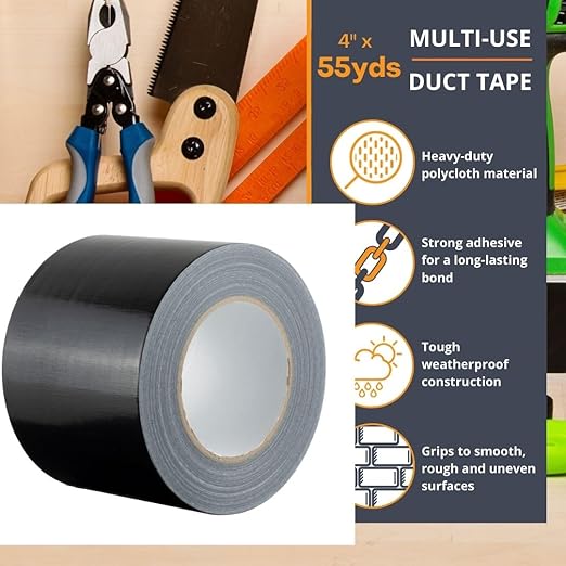 GTSE Wide Duct Tape, Black, 4 Inches x 55 Yards (164 ft), Heavy Duty, Waterproof Repair Tape for Indoor or Outdoor Use, 48 Rolls