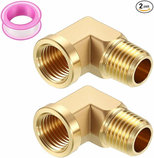Pack of 2, 90° 1/4" FNPT to 1/4" MNPT Solid Brass Barstock Street Elbow W/Sealing Tape, Forged Pipe Fitting for Pipe Leak Repair, Bathroom Remodeling, Tool Extension, Compression