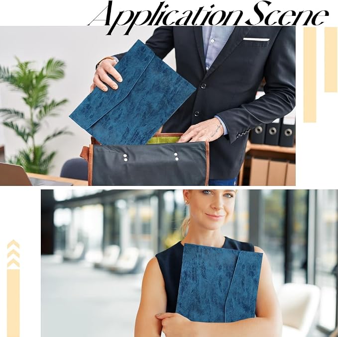 A4 PU Leather Portfolio Filing Envelope Oragnizer Thin Waterproof File Holder Document Folder with Snap Closure Pocket Letter Receipt Storage Case for Contract Stationery Tablet(Blue)