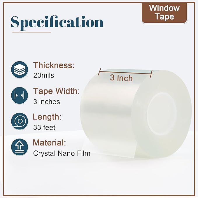 Window Sealing Tape 3 Inch x 33 Ft Transparent Insulation Waterproof Nano Draft Isolation Tape for Window and Bathroom Shower Glass Side Gaps