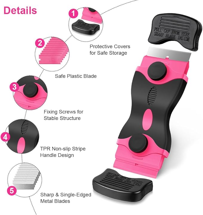 Ainiv Razor Blade Scraper, 2-in-1 Scraper Tool with 10PCS Metal Blades and 10PCS Plastic Blades, Multi-funtional Cleaning Razor Scraper for Decals, Stickers, Labels, Caulk, Adhesive Removal(Pink)