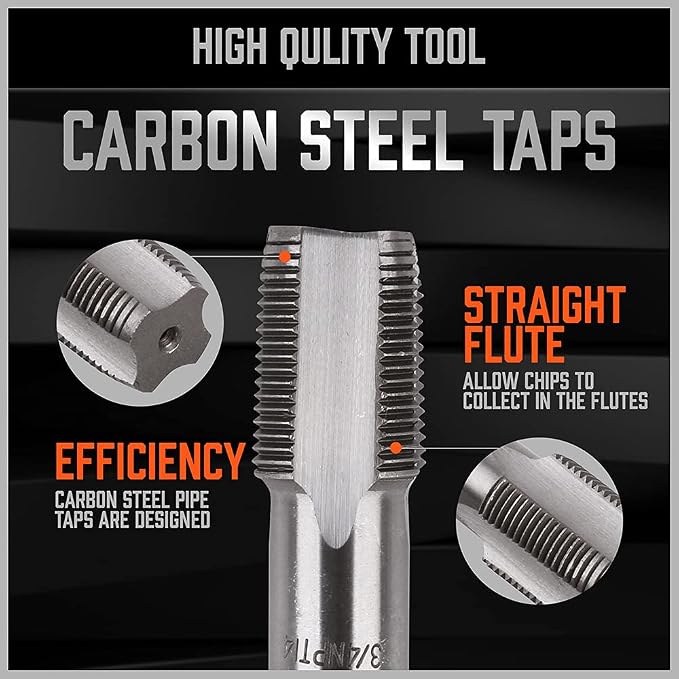 HORUSDY 6-Piece NPT Pipe Tap Set, Carbon Steel Threading Tool Kit for Pipe Taper Threads, Sizes 1/8", 1/4", 3/8", 1/2", 3/4" & 1", Durable Plumbing Tap Set with Storage Case