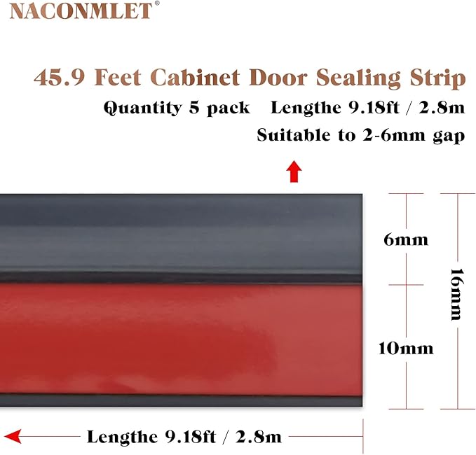 Cabinet Door Seal Strip, Grey 49ft (5 Rolls) Self-Adhesive Weather Stripping for Modern Wardrobe & Aluminum Window Gaps, Dustproof Soundproof Door Filler Tape, Sealing Strip for Home